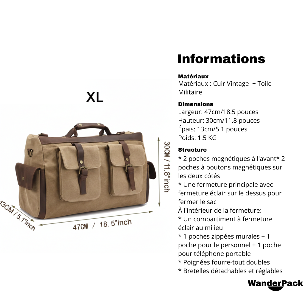 Sac de Voyage en Toile et Cuir Véritable